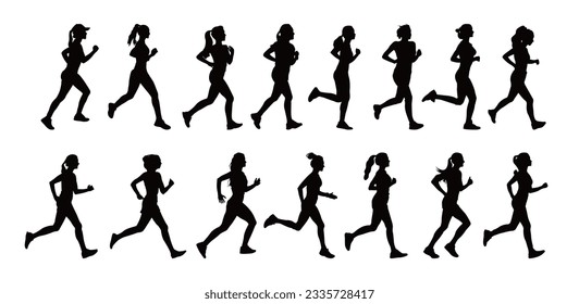 Running woman silhouettes isolated on white background . Big set of female sprinter vector illustration