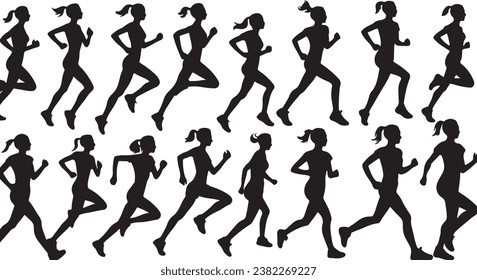 Running woman silhouettes on a white background. Big set of female sprinter vector illustration