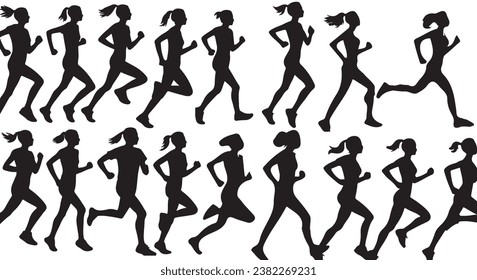 Running woman silhouettes on a white background. Big set of female sprinter vector illustration