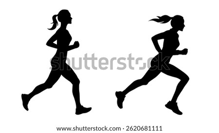 Running woman silhouettes. Vector set. Female runner figure shapes. Bare and naked slim healthy girl work out.