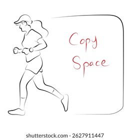 running woman with sport cap side view illustration vector hand drawn with black lines isolated on white background.