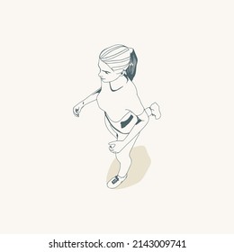 Running woman. Sport girl illustration. Casual sportwear - t-shirt, breeches and sneakers. Young woman wearing workout clothes. Sport fashion girl outline in urban casual style. Top view