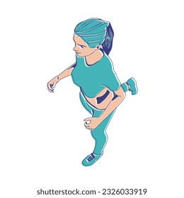 Running woman. Sport girl illustration. Casual sportwear - t-shirt, breeches and sneakers. Young woman wearing workout clothes. Sport fashion girl outline in urban casual style. Top view