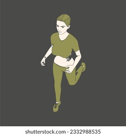 Running woman. Sport girl illustration. Casual sportwear - t-shirt, breeches and sneakers. Young woman wearing workout clothes. Sport fashion girl outline in urban casual style.