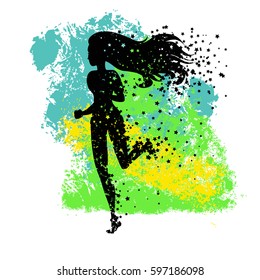 Running woman. Sport/Fitness poster with silhouette of star particles. For logo, T-shirt design, banner, poster or fitness club. inspirational  vector illustration.