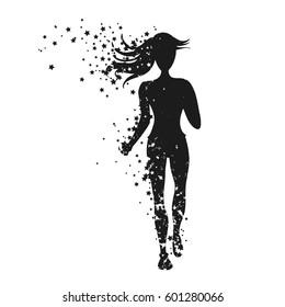 Running woman. Sport/Fitness poster with silhouette of star particles. For logo, T-shirt design, banner, poster or fitness club. inspirational  vector illustration.