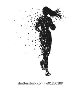 Running woman. Sport/Fitness poster with silhouette of star particles. For logo, T-shirt design, banner, poster or fitness club. inspirational  vector illustration.