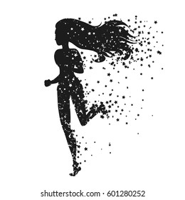 Running woman. Sport/Fitness poster with silhouette of star particles. For logo, T-shirt design, banner, poster or fitness club. inspirational  vector illustration.