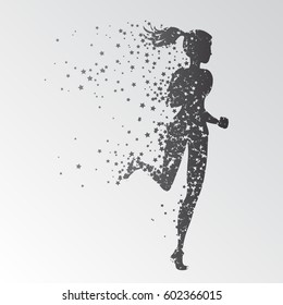 Running woman. Sport/Fitness poster with silhouette of star particles. For logo, T-shirt design, banner, poster or fitness club. inspirational  vector illustration.