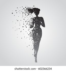 Running woman. Sport/Fitness poster with silhouette of star particles. For logo, T-shirt design, banner, poster or fitness club. inspirational  vector illustration.