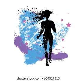 Running woman. Sport/Fitness poster with silhouette of star particles. For logo, T-shirt design, banner, poster or fitness club. inspirational  vector illustration.