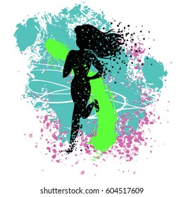 Running woman. Sport/Fitness poster with silhouette of star particles. For logo, T-shirt design, banner, poster or fitness club. inspirational  vector illustration.