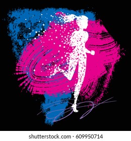 Running woman. Sport/Fitness poster with silhouette of star particles. For logo, T-shirt design, banner, poster or fitness club. inspirational  vector illustration.