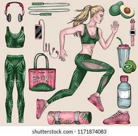 Running woman and sports equipment set. Healthy lifestyle concep