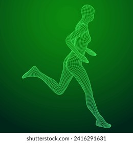 Running woman. Sprinter silhouette. Wireframe low poly mesh vector illustration