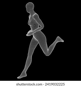 Running woman. Sprinter silhouette. Wireframe low poly mesh vector illustration