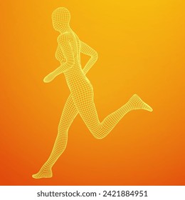Running woman. Sprinter silhouette. Wireframe low poly mesh vector illustration