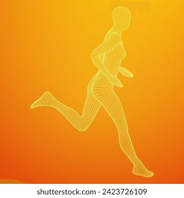 Running woman. Sprinter silhouette. Wireframe low poly mesh vector illustration