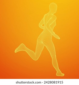 Running woman. Sprinter silhouette. Wireframe low poly mesh vector illustration