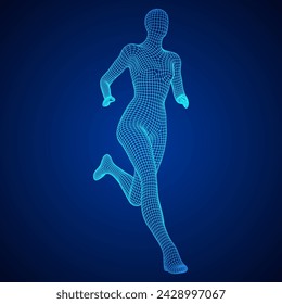 Running woman. Sprinter silhouette. Wireframe low poly mesh vector illustration