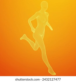 Running woman. Sprinter silhouette. Wireframe low poly mesh vector illustration