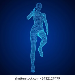 Running woman. Sprinter silhouette. Wireframe low poly mesh vector illustration
