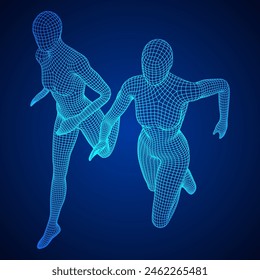 Running woman. Sprinter silhouette. Wireframe low poly mesh vector illustration