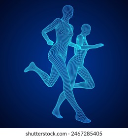 Running woman. Sprinter silhouette. Wireframe low poly mesh vector illustration