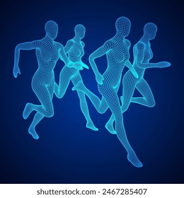 Running woman. Sprinter silhouette. Wireframe low poly mesh vector illustration