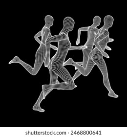 Running woman. Sprinter silhouette. Wireframe low poly mesh vector illustration