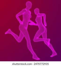 Running woman. Sprinter silhouette. Wireframe low poly mesh vector illustration