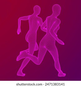 Running woman. Sprinter silhouette. Wireframe low poly mesh vector illustration