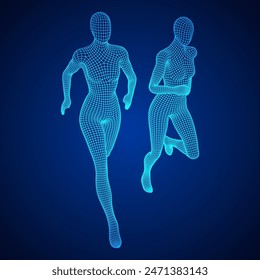 Running woman. Sprinter silhouette. Wireframe low poly mesh vector illustration