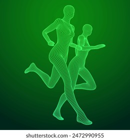 Running woman. Sprinter silhouette. Wireframe low poly mesh vector illustration