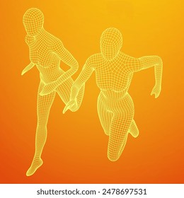 Running woman. Sprinter silhouette. Wireframe low poly mesh vector illustration