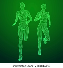 Running woman. Sprinter silhouette. Wireframe low poly mesh vector illustration