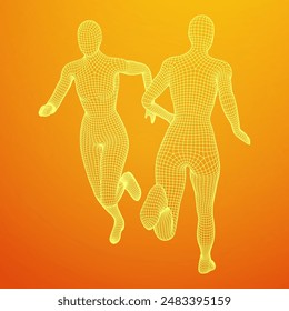 Running woman. Sprinter silhouette. Wireframe low poly mesh vector illustration