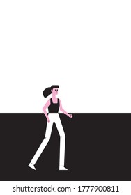 A running woman in the style of an animated film, cartoony flat character, fluttering hair. The color scheme is black and white with a reddish tone.