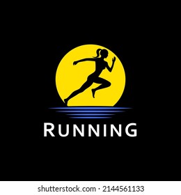 Running Woman and Sun Logo. Run, sunset and ocean on black background. Sport and competition concept. Vector illustration