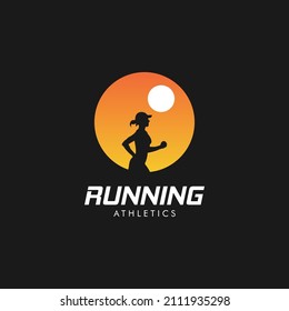 Running woman and sun symbol combination silhouette sport logo design icon vector