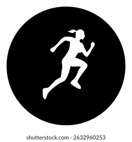 A running woman symbol in the center. Isolated white symbol in black circle. Vector illustration on white background