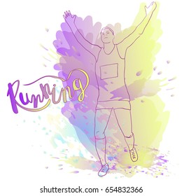 Running woman. Template for sport or marathon poster, print or banner. Vector illustration of watercolor style