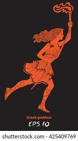 Running woman with a torch in her hand. Woman archer. The Greek goddess - Artemis. Goddess of the Greek pantheon. The character of the pagan pantheon. Red female figure on a black background.