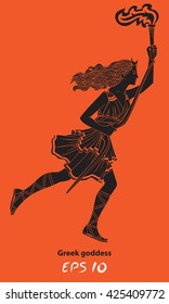 Running woman with a torch in her hand. Woman archer. The Greek goddess - Artemis. Goddess of the Greek pantheon. The character of the pagan pantheon. Black female figure on a red background.