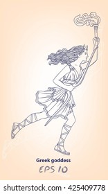 Running woman with a torch in her hand. Woman archer. The Greek goddess - Artemis. Goddess of the Greek pantheon. The character of the pagan pantheon. Adult anti-stress coloring. 