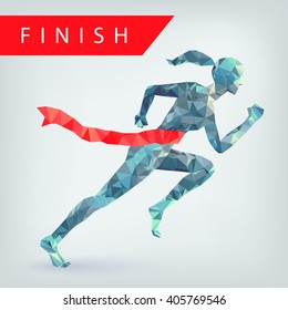 Running woman from triangles. Winner girl at finish line illustration. Leadership concept.