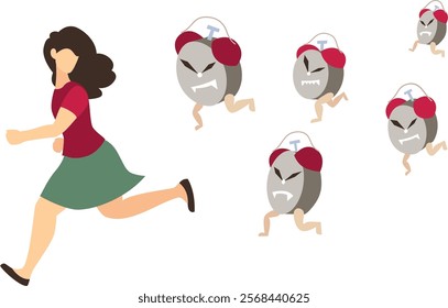 Running woman trying to escape time, vector illustration.