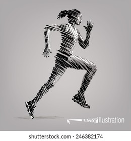 Running Woman. Vector Artwork In The Style Of Ink Drawing