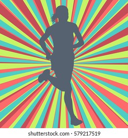 Running woman vector illustration background with colorful modern retro burst