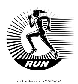 Running woman. Vector illustration in the engraving style